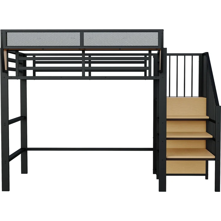 Merax Hochbett 90x200cm, Etagenbett, Kinderbett mit Sicherheitsleiter und flexiblem Staufach, Metallbett, Schwarz – Bild 9