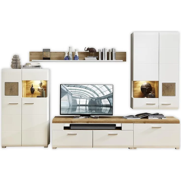 Wohnwand Friedberg / ABW Fun Plus, Glas, Holzwerkstoff, Weiß, Holzfarben, 320 x 205 x 47 cm
