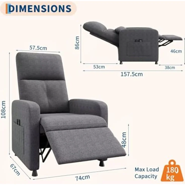 GarveeHome Fernsehsessel Elektrisch Relaxsessel Ruhesessel, massagesessel mit wärmefunktion, Verstellbarer Fernsehsessel mit Fußstütze, Einzelsofa,für Wohnzimmer, Schlafzimmer oder Büro – Bild 3