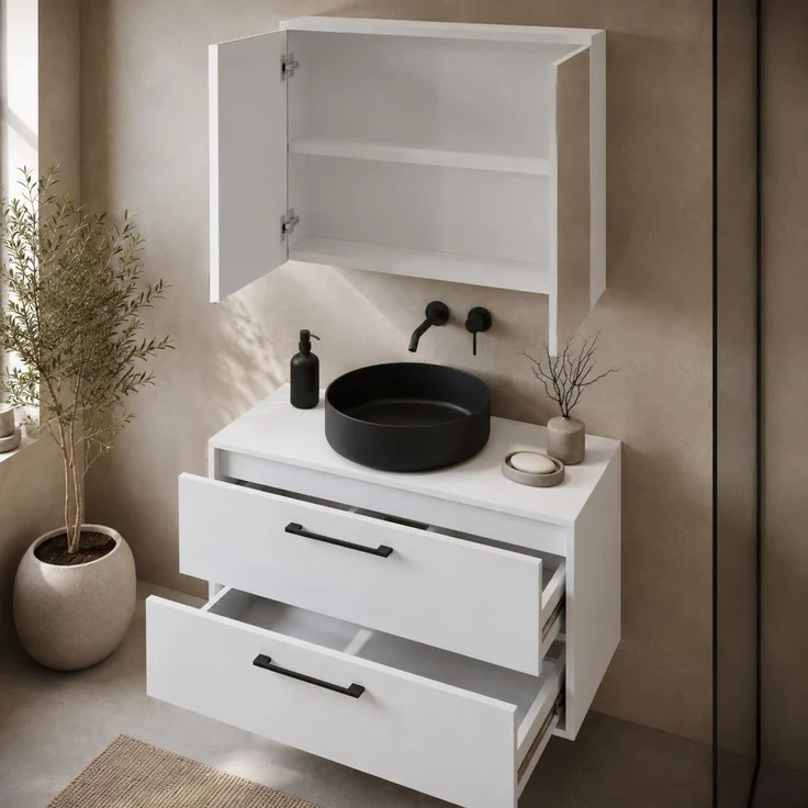 Badplaats Waschtischunterschrank Florence 80 x 46 cm - Matt Weiß - mit Spiegelschrank – Bild 3