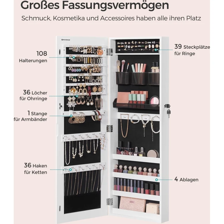 Schmuckschrank hängend, Hängeschrank mit rahmenlosem Ganzkörperspiegel, abschließbarer Spiegelschrank, Wandschrank mit 2 separaten Make-up Organizern, für Ketten, Ohrringe, weiß JJC001W01 – Bild 3