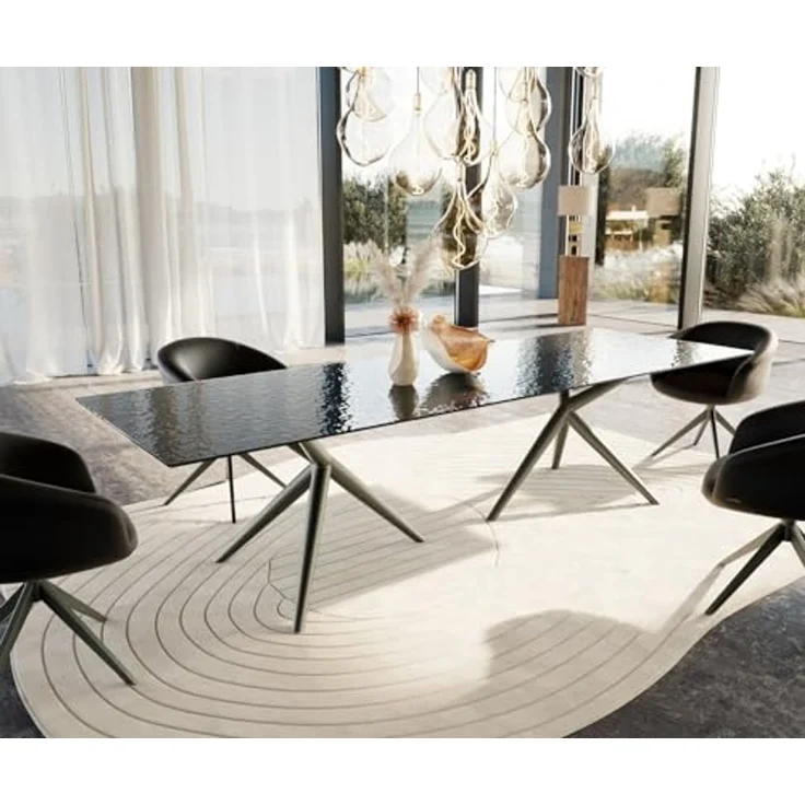 Esstisch Edge 300x100 Reliefglas Rauchschwarz 3D-Design Estelar rund Metall Effektfinish Titan – Bild 2