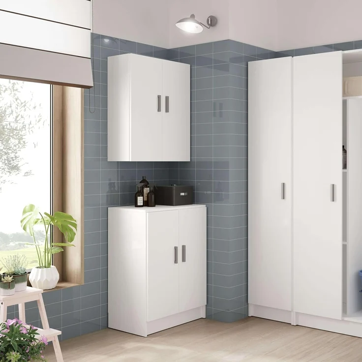 Habitdesign, Hängeschrank – kompakter Mehrzweckschrank in Mattweiß mit 2 Türen und Regalfächern, ideal für Bad, Küche oder Waschküche, Maße: 59 x 60 x 26,5 cm (B x H x T) – Bild 7