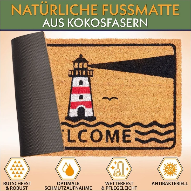 BRUBAKER Fußmatte Welcome mit Leuchtturm - 45 x 75 cm Schmutzfangmatte, Rechteckig, Höhe: 15 mm, Fußmatte für Außen und Innen aus Kokos - Wetterfest und Rutschfest – Bild 2