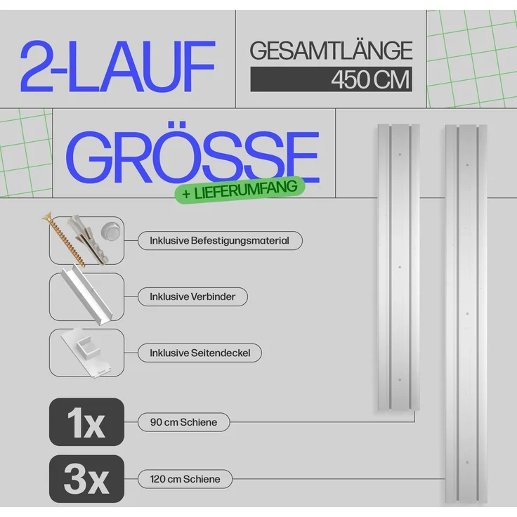 Bestlivings Gardinenschiene ( Weiß ) 450cm (1x90/3x120 cm) 2-läufig – Bild 2