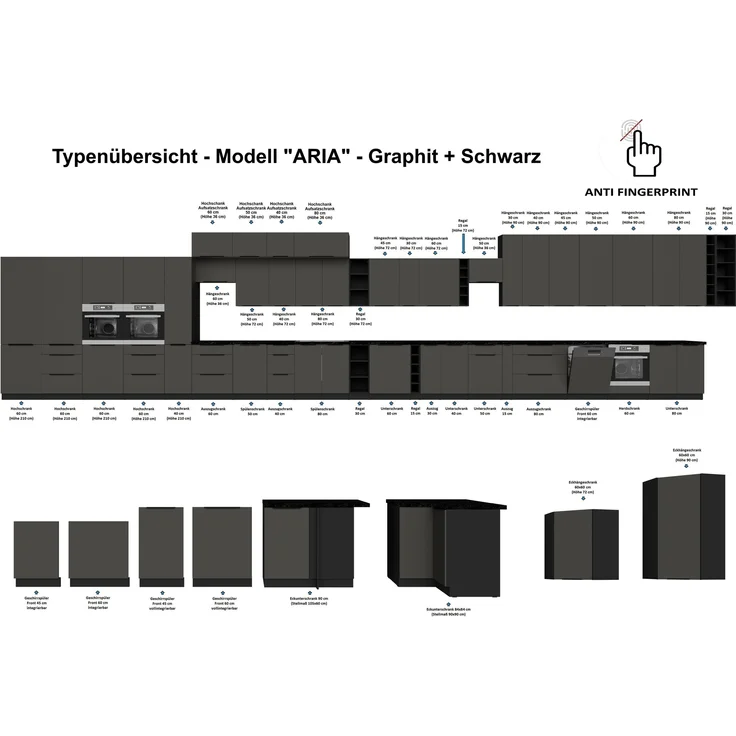 Küchen Aufsatzschrank 50 cm ARIA Graphite ultra matt + Schwarz matt, hochwertige Fronten mit Anti Fingerprint Beschichtung Küchenzeile Küchenblock – Bild 6