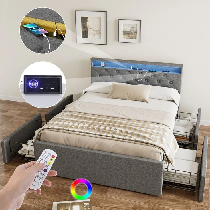 oyajia Polsterbett LED Doppelbett 140x200cm, Stauraumbett mit Kopfteil und 4 Schubladen (Leinenmaterial Polsterbett mit RGB Beleuchtung), mit Lattenrost und Ladefunktion, mit Komforthöhe, Leises Design Bett – Bild 5