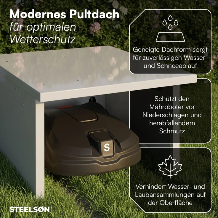 STEELSØN 'Drakon' Mähroboter Garage, Metall, silber, wetterfest, 53/42x77x90 cm, Mähroboterhaus mit aufklappbarem Pultdach – Bild 3