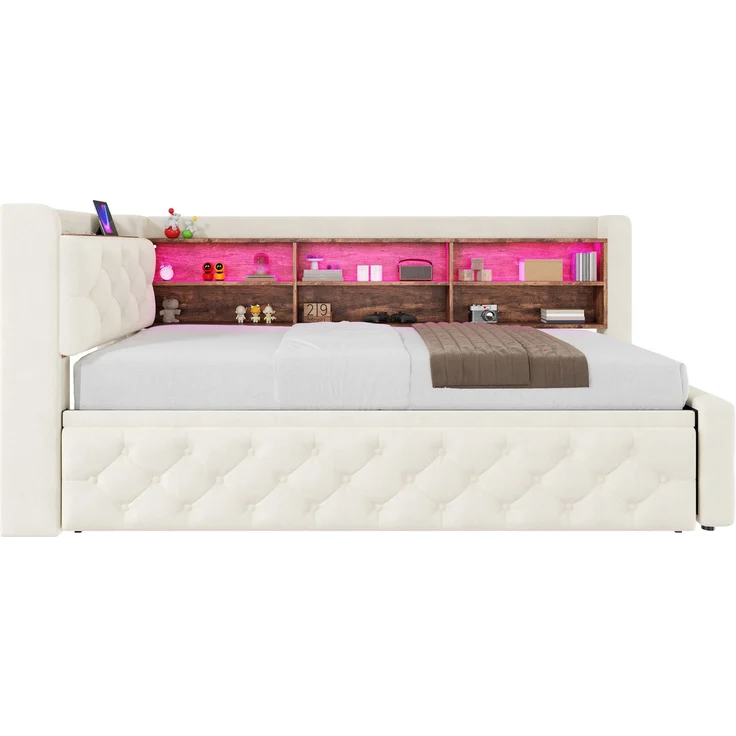 ZUBALIYA Tagesbett, mit Stauraum, mit LED-Beleuchtung, mit USB-C-Anschluss, inklusive Lattenrost, mit Schlaffunktion, Liegefläche 90 × 190 cm, H 84 × T 211 × B 181 cm, Beige, Samt – Bild 18