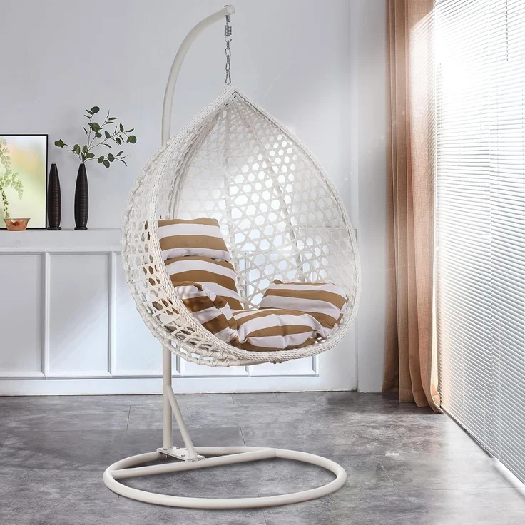 Luxus Hängesessel Style XXL Rattan Korb und Gestell Weiss mit Relaxkissen Braun – Bild 2