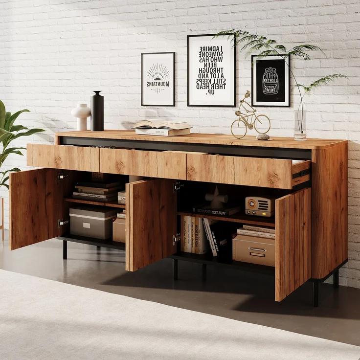 Merax 160cm Sideboard, Fernsehschrank mit 3 Auszugschubladen & 3 Lamellentüren, 6 Metallfüße, abgerundete Kanten, Eichenfarbe – Bild 3