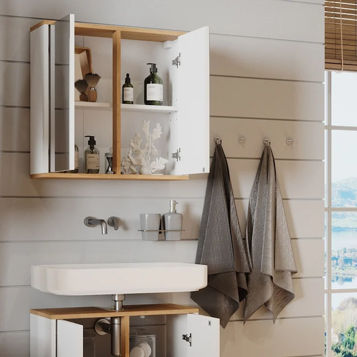 Badspiegelschrank Didi Weiß/Artisan 60 x 60 cm mit zwei Spiegeltüren Vicco – Bild 5