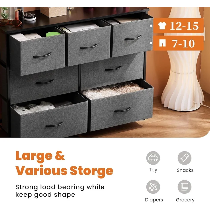 DUMOS Kommode für Schlafzimmer mit 7 Stoffschubladen hohe Kommode Organizer für Kleidung Schrank Kinderzimmer Aufbewahrungsturm mit Schrank Metallrahmen Holzplatte leichte Kinderzimmermöbel – Bild 4
