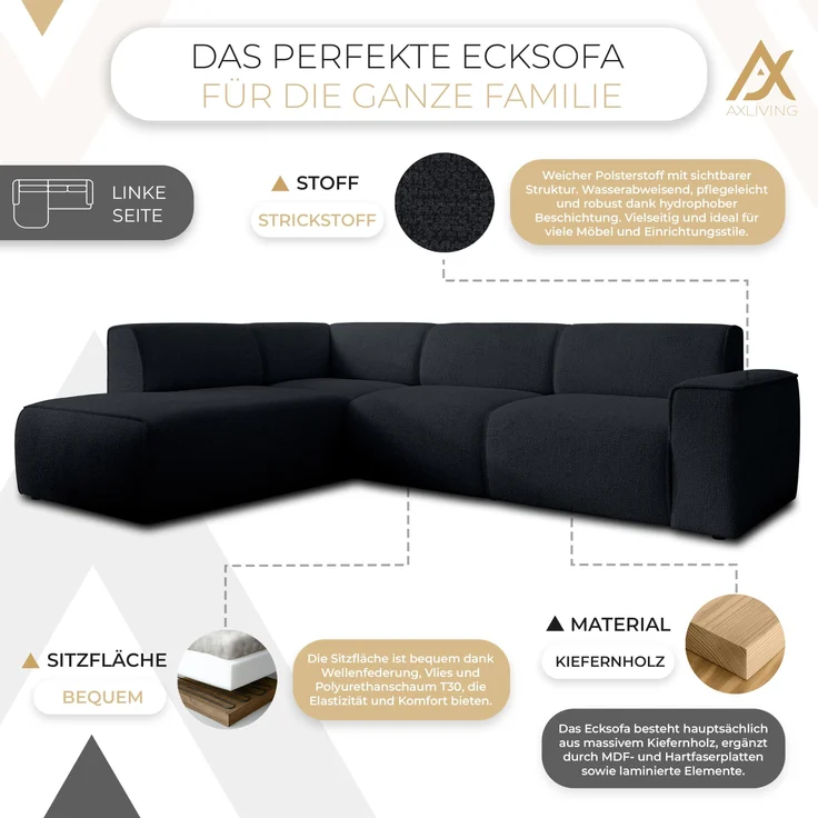 AX LIVING Couch Sofa L Form Didim L Schwarz – 292 cm, stilvoll & bequem L – Bild 5