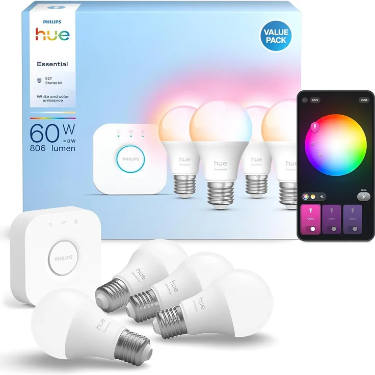 Philips Hue Essential Starter-Set: Bridge + 4 Essential E27 Smart Leuchtmittel, White und Color Ambiance, 2200-6500K, dimmbar, funktioniert mit Alexa, Google Assistant, Samsung SmartThings, Apple Home