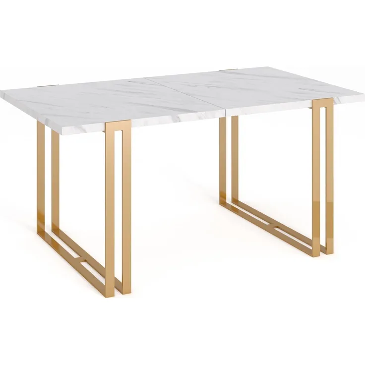 Ausziehbarer Esstisch Weiss - Tisch im Loft-Stil mit Metallbeinen - Industrietisch für das Wohnzimmer - Spacesaver - 160/260 cm - Marmor Weiss - Goldene Beine