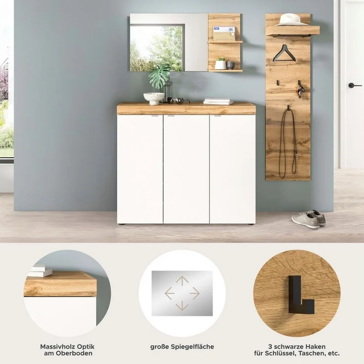 OTTO home Garderoben-Set MAMBO II, 3-teilig, hängend oder stehend montierbar, (3-St, bestehend aus: Schuhschrank, Spiegel & Garderobenpaneel), Garderoben-Kombi, Garderobe, Flur, Diele – Bild 3