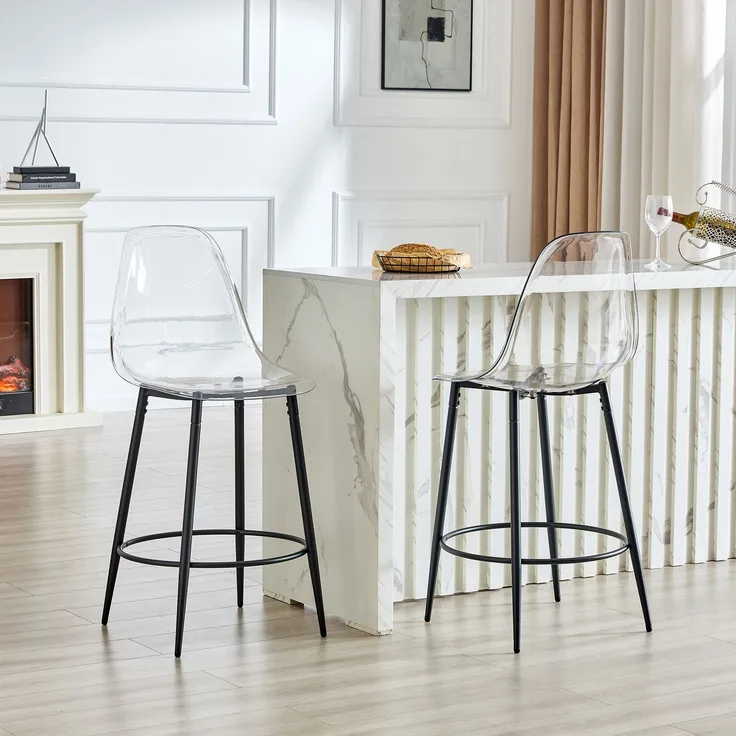 2er-Set transparenter Barhocker mit Schwebendesign – ideal für europäische Küchen. Schwarze Metallbeine passen perfekt zum modernen Luxus-Minimalismus.--Schwarz--102x48.5x48.5cm--YOUDENOVA