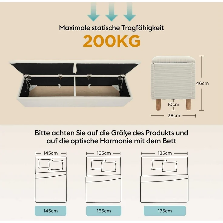 BlingBin Bettbank (1-St, 145 x 38 cm mit hydraulischem Stauraum – Cordstoff, Massivholz & MDF), Beige, 200 kg Tragkraft, Modernes Design für Schlafzimmer – Bild 3