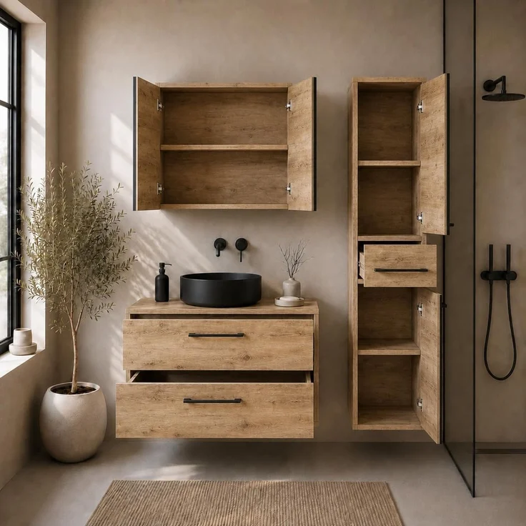 Badplaats Waschtischunterschrank-Set Florence 80 x 46 cm - Kastanieneiche - mit Spiegelschrank und Hochschrank – Bild 2