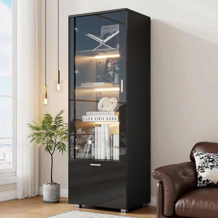 Schwarze Hochglanzvitrinen mit Acryltür, LED-beleuchtete Acryl-Vitrine, Vitrinen für Sammlerstücke, Parfümschränke, Bücherregale und Acryl-Vitrine mit schwarzen Hochglanztüren (3 Fachböden)--Schwarz--40x50x160cm--YOUDENOVA – Bild 2