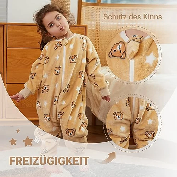 XQ&XG Baby Schlafsack mit Füßen 2.0 Tog,Babyschlafsack mit langen Ärmeln,Schlafsack Kinder mit Beinen für mädchen und Junge,Braun Bär,110 – Bild 7