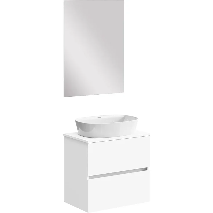 Baikal Onyx Badezimmerschrank, montiert, 2 Schubladen, Badezimmermöbel mit Waschbecken, Hängeschrank, Wandschrank, Keramikwaschbecken, inkl. Spiegel, 70 cm, Weiß