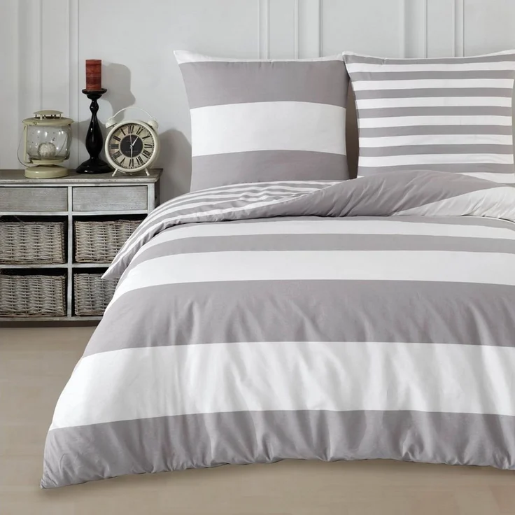 Buymax Bettwäsche Aspara Bettbezug Set 100% Baumwolle, Renforcé, 2 teilig, mit Reißverschluss, modern gestreift, Grau Weiß, 135x200 cm – Bild 1