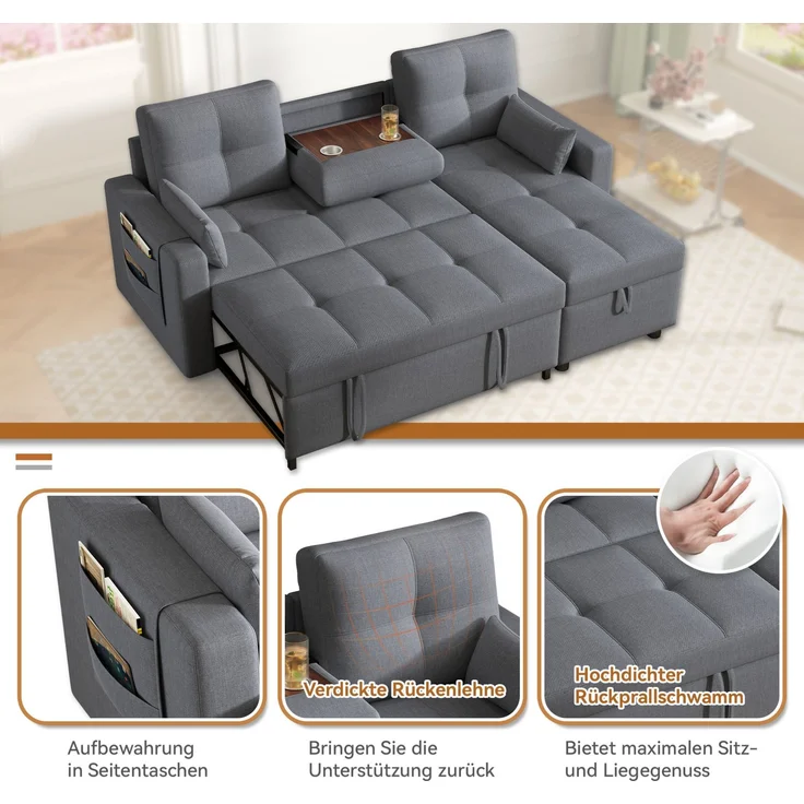 DESVIAE Schlafsofa L-Form mit Stauraum und Getränkehaltern 211x136x87 cm Leinenoptik Grau – Bild 4