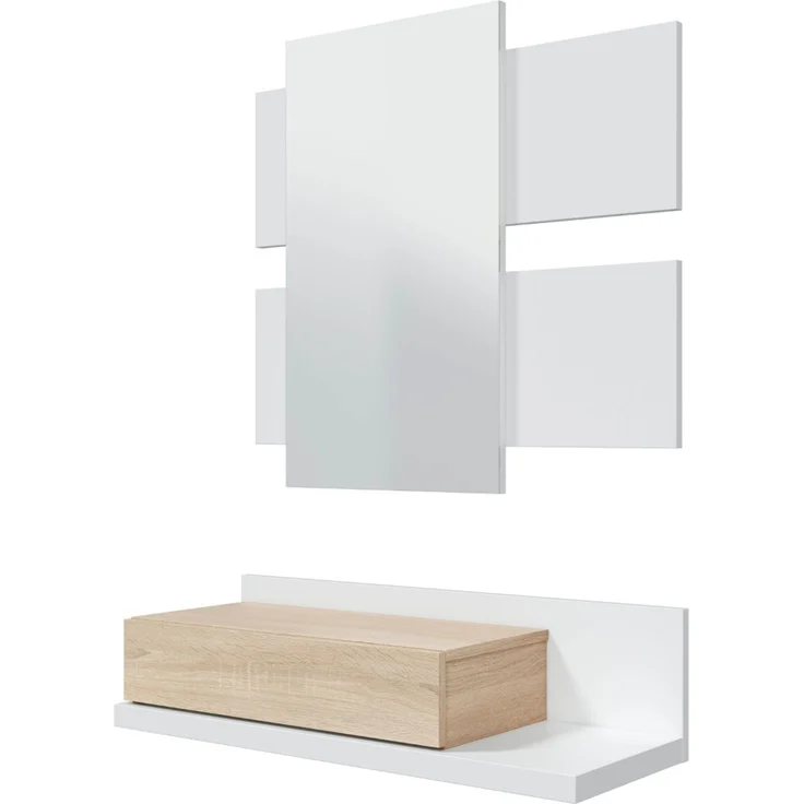 Flur mit Schublade und Spiegel, Eingangsmöbel, Modell Tekkan, Ausführung in Artik White und kanadischer Eiche, Maße: 75 cm (Breite) x 116 cm (Höhe) x 29 cm (Tiefe) – Bild 7