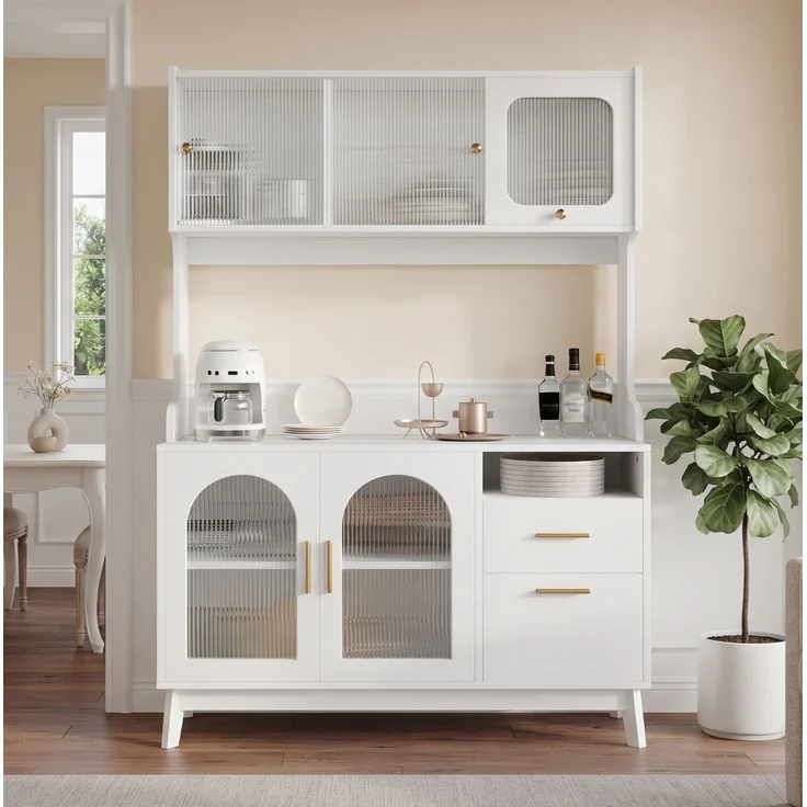 Hochschrank 120 x 40 x 178 cm mit Steckdosen, USB-A/USB-C und Acrylglasfront – weißer Buffetschrank aus Spanplatte – Bild 2