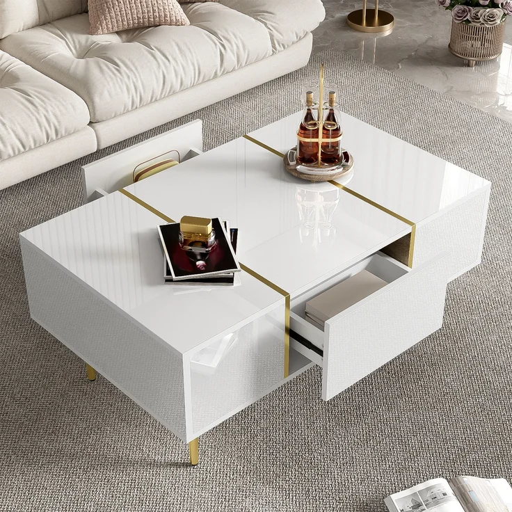 Couchtisch 100 x 60 x 41,5 cm, mit Schubladen, aus MDF, als Ablage für Getränke und Bücher im Wohnzimmer, Weiß – Bild 9