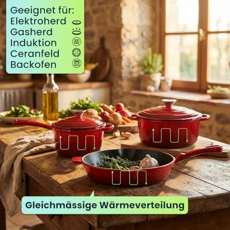 Casativo Gusseisen Topf-Set, 3-teilig, rot, geeignet für alle Herdarten und Backofen, perfekte Wärmeverteilung – Bild 4
