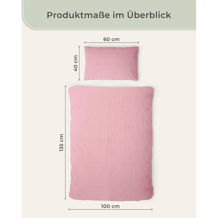 Laynenburg Kinderbettwäsche Musselin 2 teilig aus 100% Baumwolle in 100x135 cm + 40x60 cm, atmungsaktiv & bügelfrei – 3 lagig mit Reißverschluss & Haltebändern – Bild 2