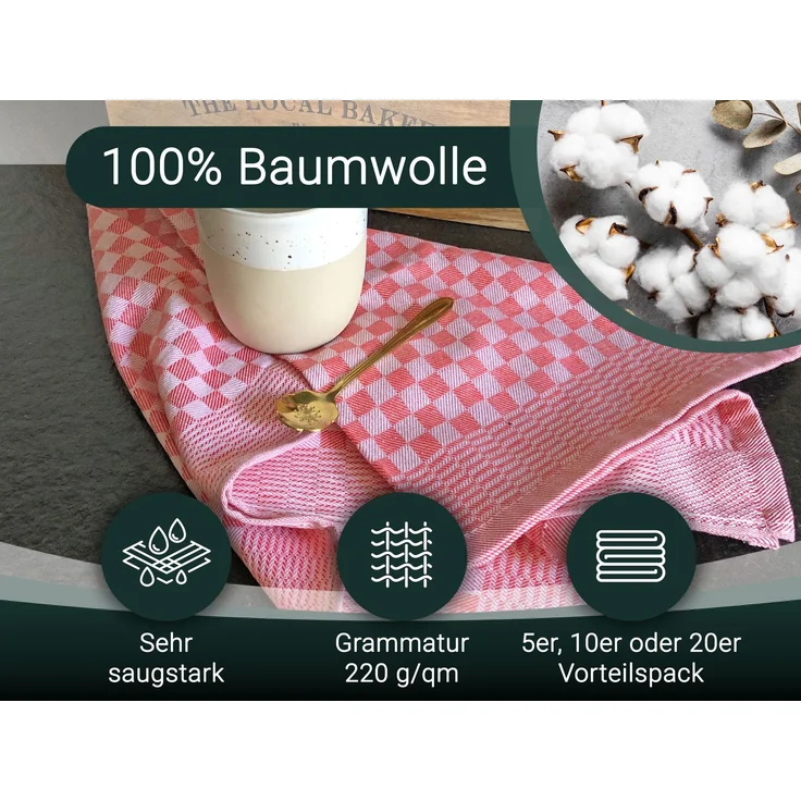 ZOLLNER 10er Set Geschirrtücher, 100% Baumwolle, 46x70 cm, saugstark, rot kariert – Bild 2