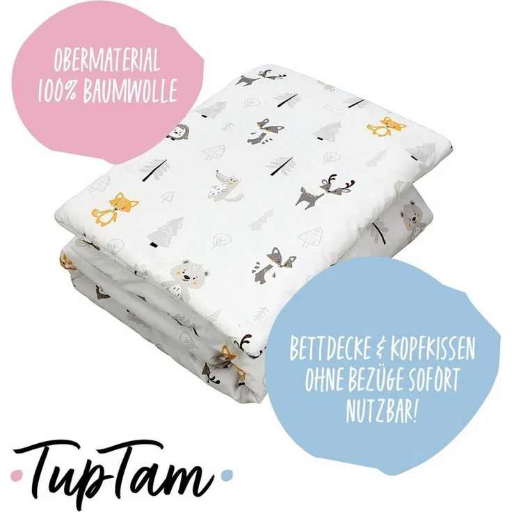 TupTam Kinderbettdecke-Set, Ganzjahresdecke, 2tlg., 1x Bettdecke, 1x Flachkissen, Wald / Fuchs / Reh / Igel / Bärchen / Beige, 135x100 cm – Bild 2
