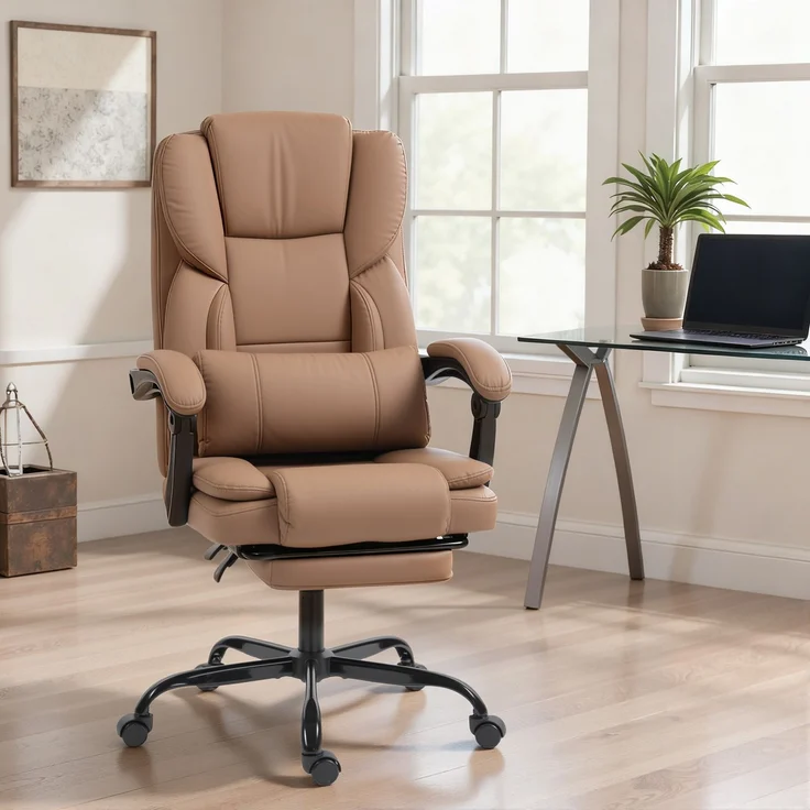 MELAYR, Bürostuhl mit Katzenpfotenleder-Bezug, Fußstütze, höhenverstellbar, rollbar, Braun, 67 x 65 x 119 cm – Bild 4