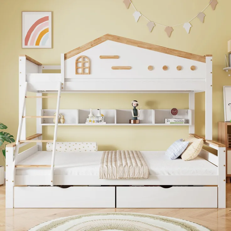 Etagenbett 90×200 & 140×200 – Offenes Regal, 2 Schubladen, vierstufige Schrägleiter, rundum Fallschutz,Massivholz & MDF – Weiß & Natur