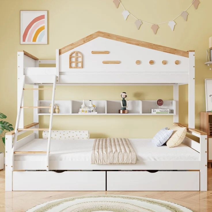 Etagenbett 90×200 & 140×200 – Offenes Regal, 2 Schubladen, vierstufige Schrägleiter, rundum Fallschutz,Massivholz & MDF – Weiß & Natur – Bild 1