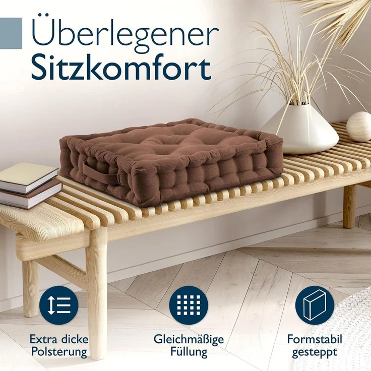 Beautissu Stuhlkissen 2er Set Bodenkissen Sitzkissen Mila, 50x50cm, Braun, Matratzenkissen 10cm, 100% Baumwolle Stuhlkissen Indoor & Outdoor – Bild 3