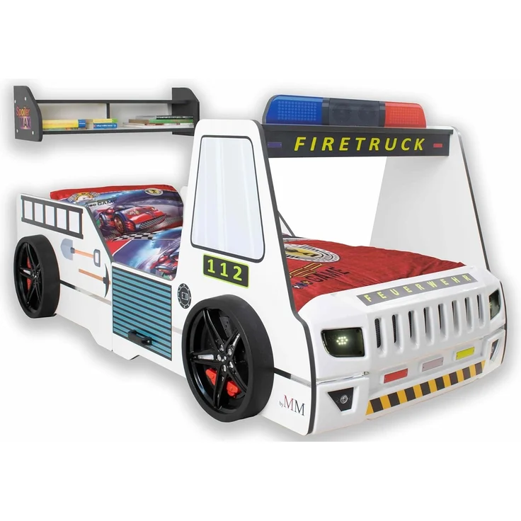 Autobett Kinderbett 90x200 Feuerwehrbett "Rio Firetruck" Hochglanz mit LED Leuchte Weiß – Bild 1