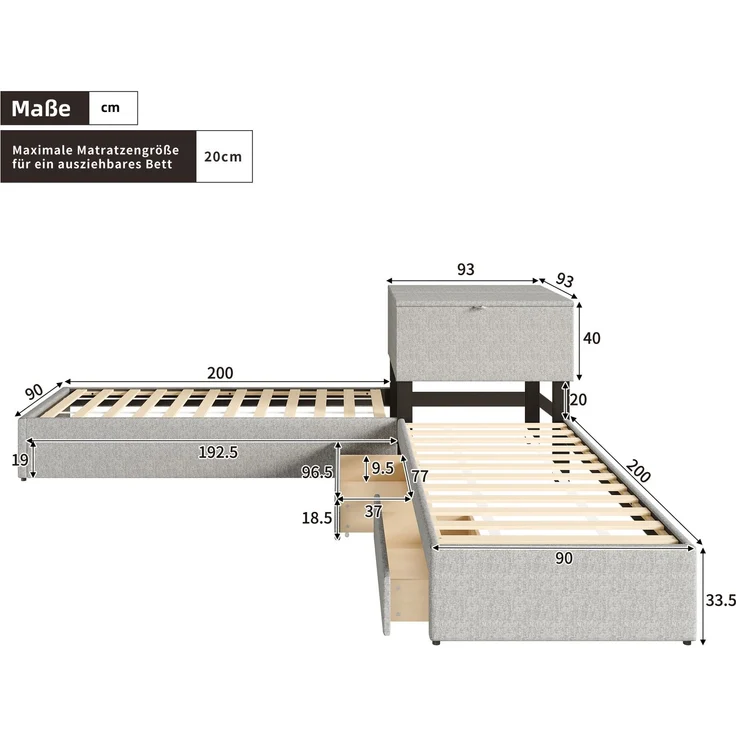EINHOM Eckbett, Zwei Einzelbett mit Ausziehbett, Polsterbett, Funktionsbett mit Stauraum, mit Stauraumschrank, mit Stauraumschublade, mit Ausziehbett, 90 x 200 cm, Leinen, Grau, (Ohne Matratze) – Bild 3