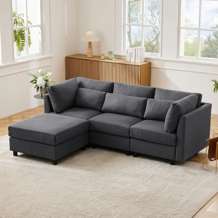 Ball & Cast L-förmiges Eckcouch mit Schlaffunktion, 3-Sitzer Sofa mit Polsterhocker aus Leinenstoff für das Wohnzimmer Wohnung Villa, 220 x 81 x 83 (BxHxT), Grau