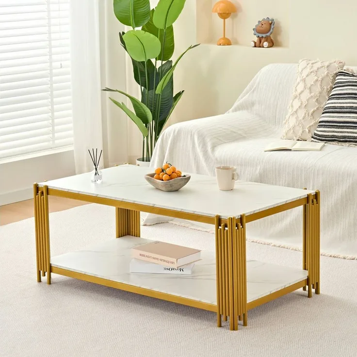 Fine Life Pro Couchtisch Rechteckiger Couchtisch, Marmoroptik-Platte, Metallbeine, weiß-gold, H46xB114xT64 cm, modernes Wohnzimmermöbel, elegantes Design