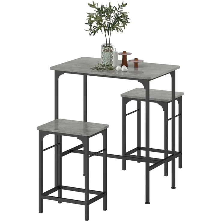Bartisch Set mit 2 Barhockern, Stehtisch im Industrie Stil, Frühstückstisch mit Metallrahmen für Küche & Hausbar,Grau – Bild 7