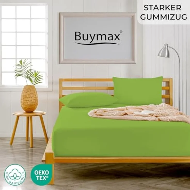 Buymax® Topper Spannbettlaken 160x200 cm Spannbetttuch 100% Baumwolle Jersey für Matratzentopper bis 12 cm Matratzenhöhe Bettlaken für Boxspringbett Topper, Grün Apfelgrün – Bild 2