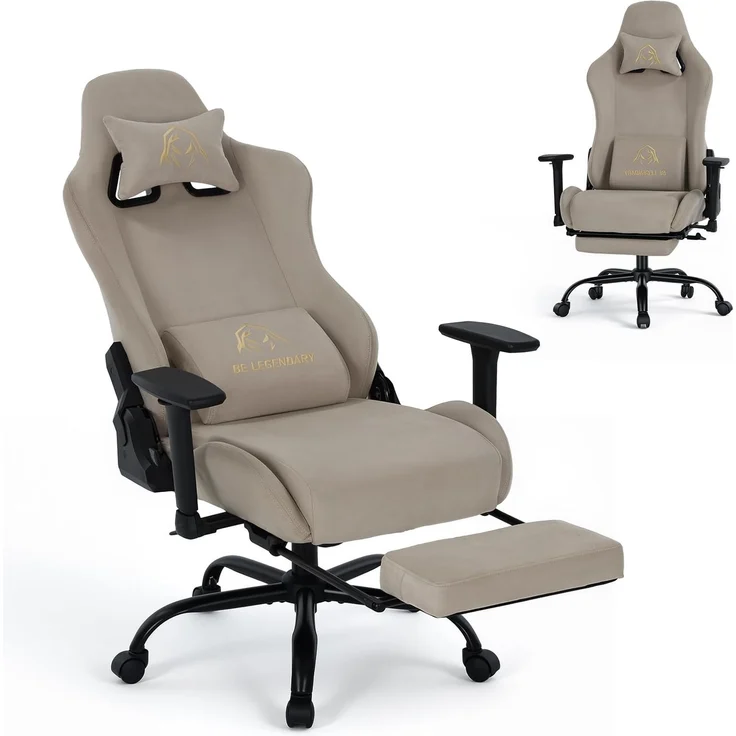 MALOL Gaming Stuhl, Bürostuhl Ergonomisch, Komfortabler Gamingstuhl für Büro & Gaming, Ergonomische Lumbalstütze, 90°-135° Neigbar, 9,5cm Höhenverstellbar, Fußstütze, 4D Armlehnen, Camel