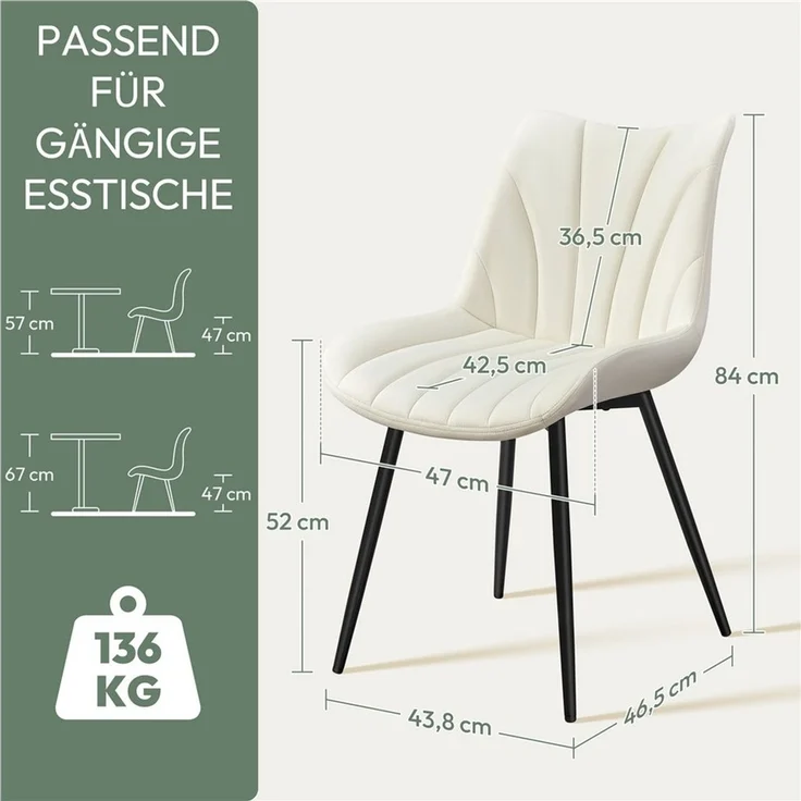 Yaheetech Esszimmerstuhl Gepolsterte Küchenstühle mit Metallbeinen (2 St), 2er-Set Beistellstühle mit Vertikal Gestepptem Design – Bild 3