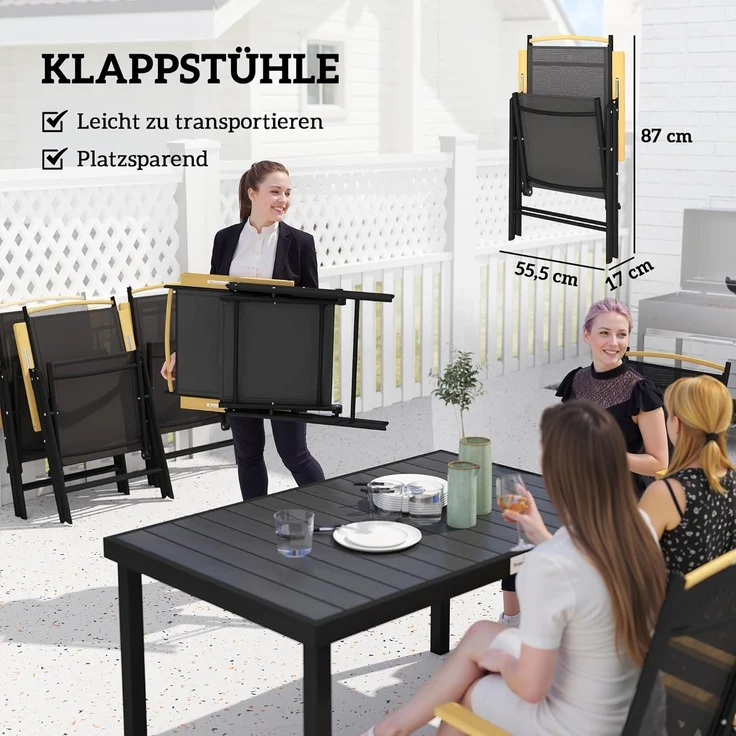 Outsunny Garten-Essgruppe Sitzgruppe klappbar 7tlg. 1 Tisch+6 Stühle Gartenmöbel Set, (Balkonmöbel, 7-tlg, Balkonset), Schwarz 140L x 90B x 74H cm – Bild 4