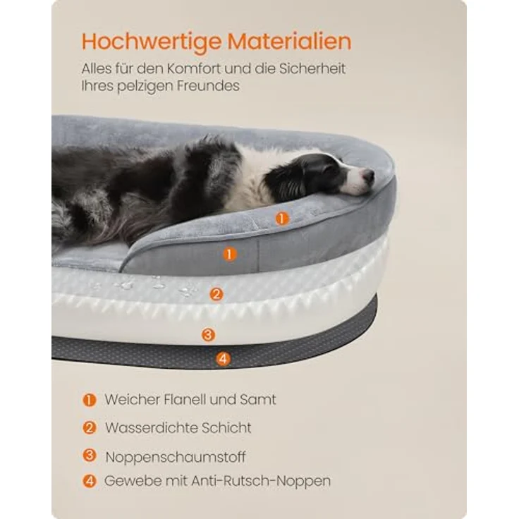 Feandrea Hundebett, Hundekissen, für große Hunde, 91 x 68 x 18 cm, orthopädisch, wasserdichte Innenschicht, erhöhte Ränder, Abnehmbarer, waschbarer Bezug, rutschfest, hellgrau PGW282G01 – Bild 7